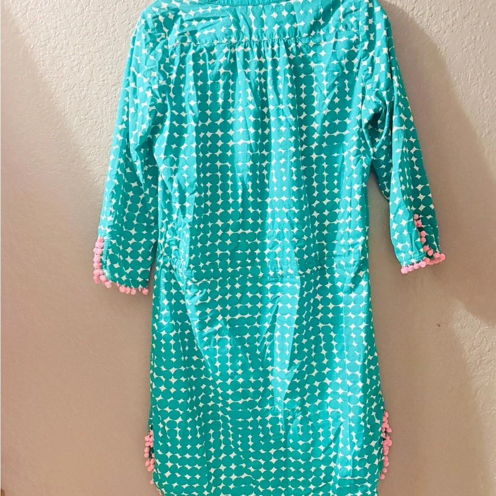 Boden Kelly Green & White Printed Tie-Waist 3/4 Sleeve Dress with Pink Pom Trim - Picture 13 of 13